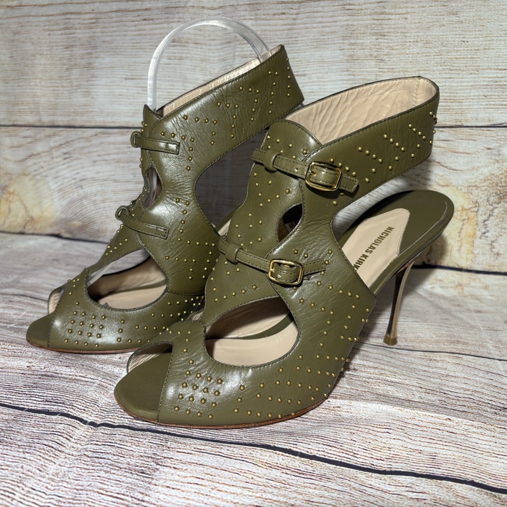 Nicholas Kirkwood Sz 37 Green Leather Stiletto Heels with Ankle Strap